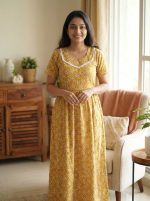 Comfortable Frock Model Cotton Nighty - 55 Inches Long - Golden Yellow - Image 2