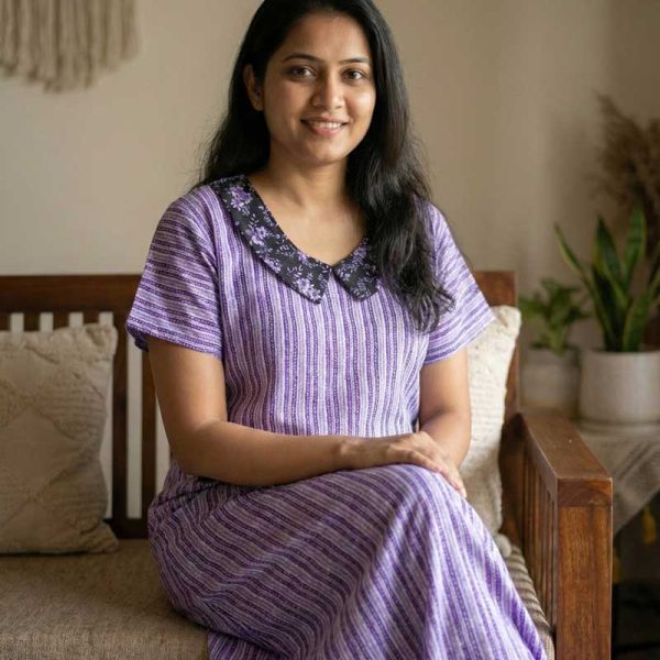 Comfortable Churidar Model Cotton Nighty With Peter Pan Collar- 55 Inches Long - Violet