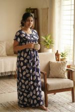 Traditional cotton nighty, Thali detailing on neck, 55 Inches Length - Blue colour - Image 2