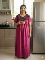 Comfortable Front Open Cotton Nighty With Buttons - 57 Inches long - Rose - Image 2