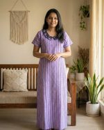 Comfortable Churidar Model Cotton Nighty With Peter Pan Collar- 55 Inches Long - Violet - Image 3