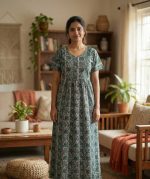 Comfortable Frock Model Cotton Nighty - 55 Inches Long - Dark Green - Image 5