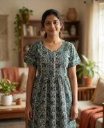 Comfortable Frock Model Cotton Nighty - 55 Inches Long - Dark Green - Image 2