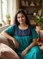 Comfortable Front Open Cotton Nighty With Buttons - 57 Inches long - Green