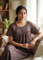 Traditional cotton nighty, Thali detailing on neck, 55 Inches Length - Brown colour