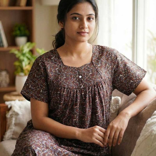 Traditional cotton nighty, Thali detailing on neck, 55 Inches Length - Brown colour