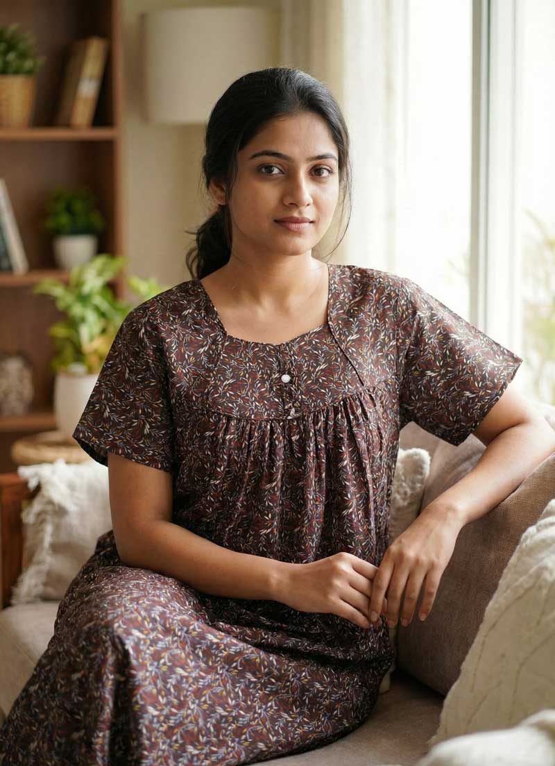 27 Traditional cotton nighty, Thali detailing on neck, 55 Inches Length - Brown colour - Image 1