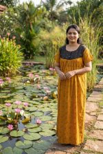 Comfortable Front Open Cotton Nighty With Buttons - 57 Inches long - Yellow - Image 2