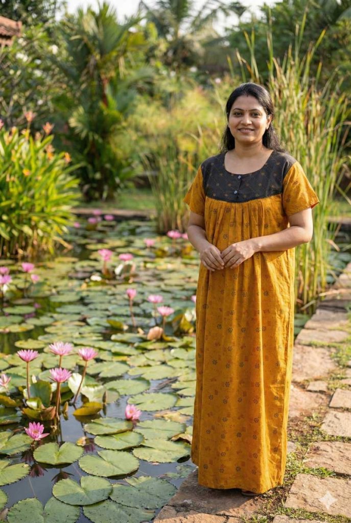 - Front Open Nighty With Pleats Stitching - Front Open Nighty With Pleats Stitching