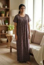 Traditional cotton nighty, Thali detailing on neck, 55 Inches Length - Brown colour - Image 2