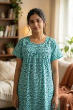 Traditional cotton nighty, Thali detailing on neck, 55 Inches Length - Light green colour - Image 2