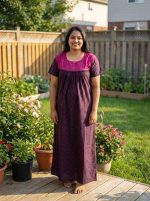 Comfortable Front Open Cotton Nighty With Buttons - 57 Inches long - Grape wine colour - Image 2