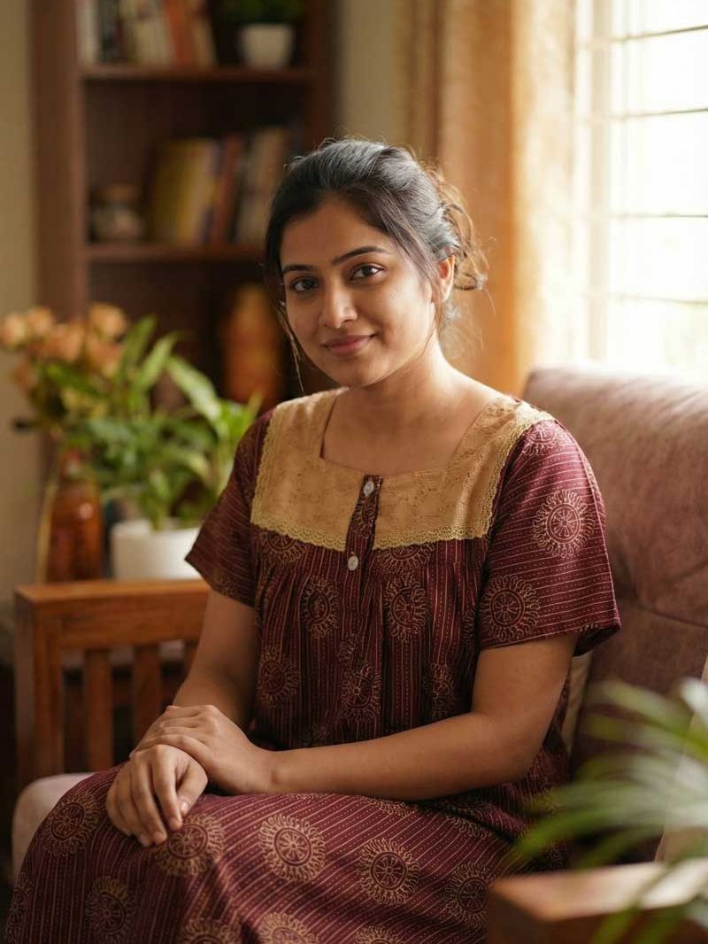 3.1 Comfortable Front Open Ajrak Nighty With Buttons- 55 inches long - Maroon - Image 1