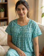 Traditional cotton nighty, Thali detailing on neck, 55 Inches Length - Light green colour