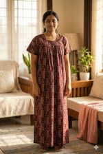 Traditional Ajrakh Nighty, 55 Inches Length - Maroon - Image 2