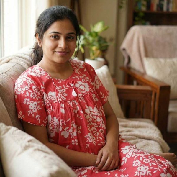 Traditional cotton nighty, Thali detailing on neck, 55 Inches Length - Peach colour