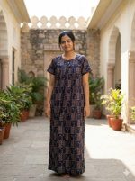 Traditional Ajrakh Nighty, 55 Inches Length - Dark Blue - Image 2