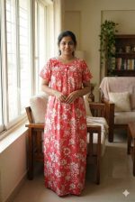 Traditional cotton nighty, Thali detailing on neck, 55 Inches Length - Peach colour - Image 2