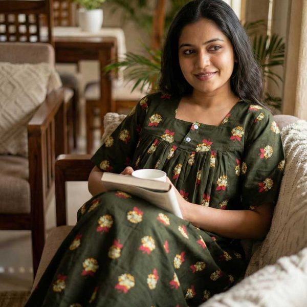 Comfortable Front Open Cotton Nighty With Buttons, 3/4th Sleeves - 55 inches long - Green