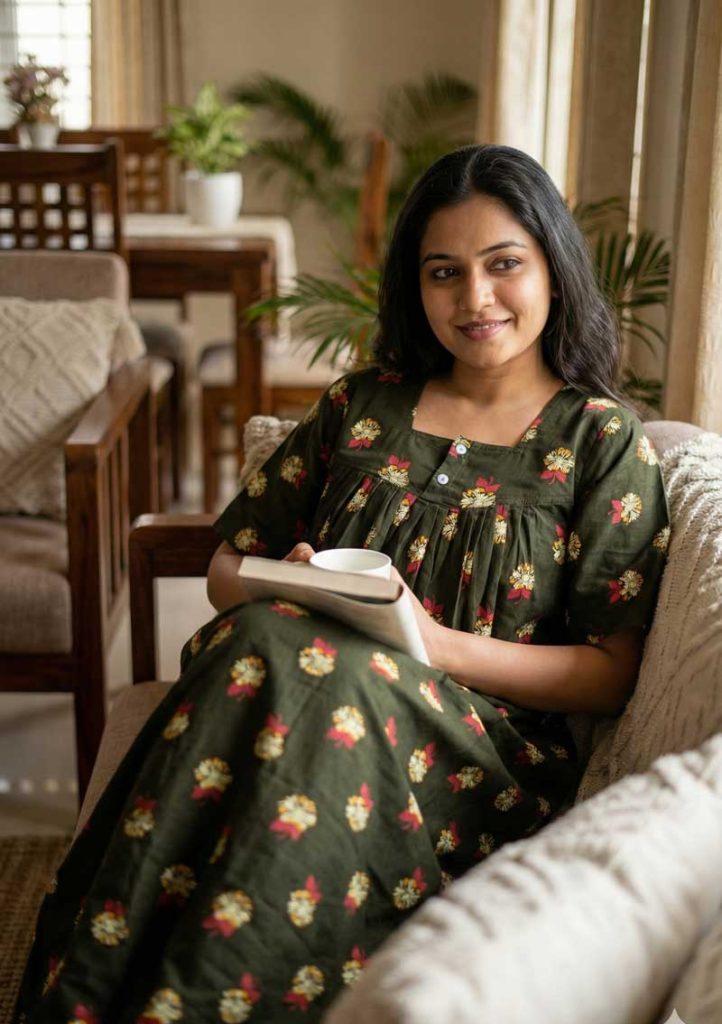 - Front Open Nighty With Pleats Stitching