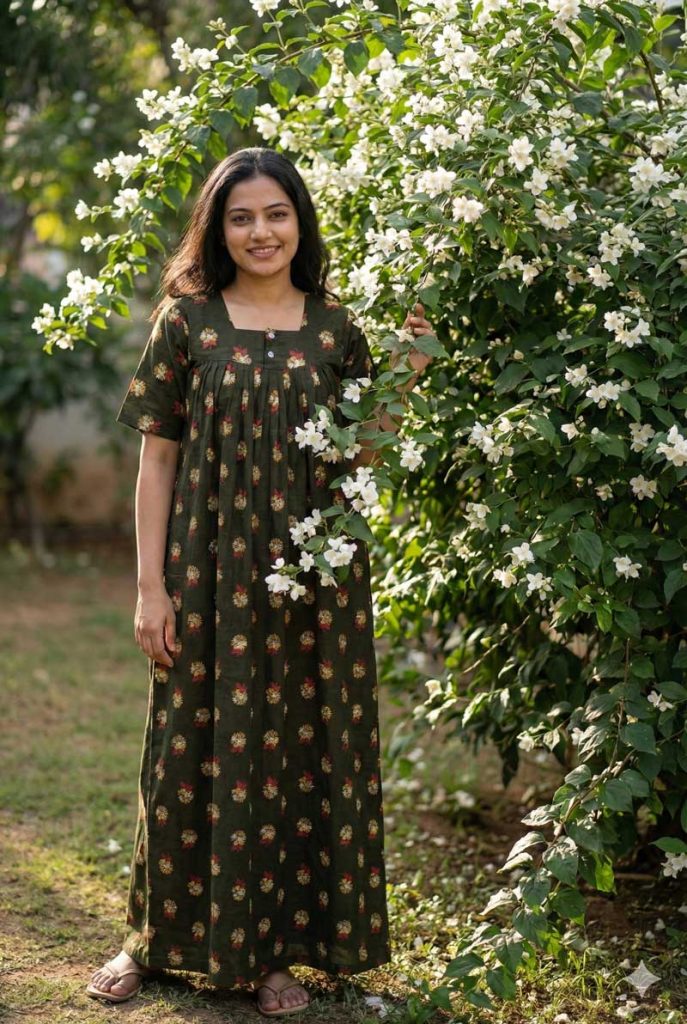 - Front Open Nighty With Pleats Stitching - Front Open Nighty With Pleats Stitching