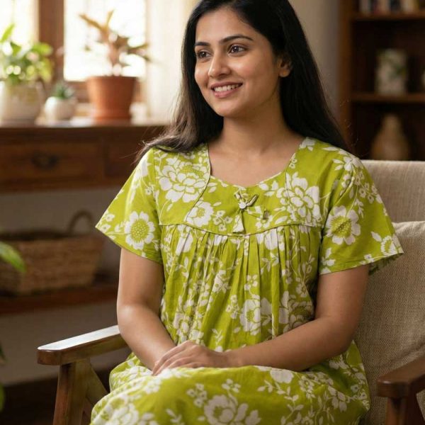 Traditional cotton nighty, Thali detailing on neck, 55 Inches Length - Green colour