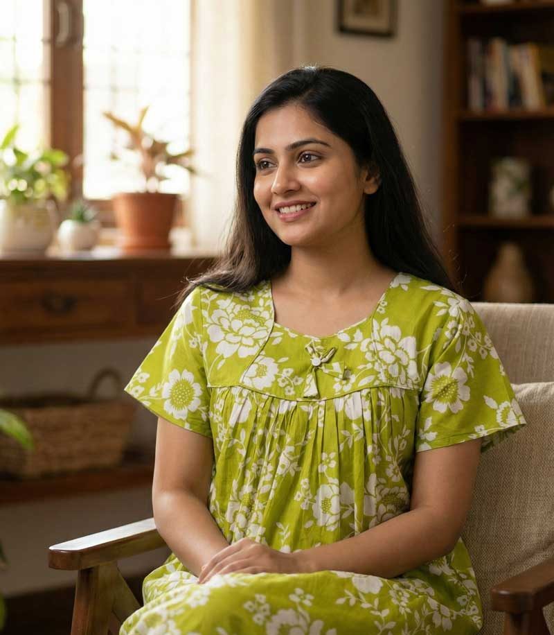 33 Traditional cotton nighty, Thali detailing on neck, 55 Inches Length - Green colour - Image 1