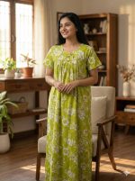 Traditional cotton nighty, Thali detailing on neck, 55 Inches Length - Green colour - Image 2