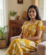 Traditional cotton nighty, Thali detailing on neck, 55 Inches Length - Yellow colour