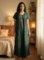 Traditional cotton nighty, 55 Inches Length - Black - Image 2