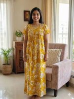 Traditional cotton nighty, Thali detailing on neck, 55 Inches Length - Yellow colour - Image 2
