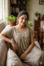 Traditional cotton nighty, Thali detailing on neck, 55 Inches Length - Olive green colour