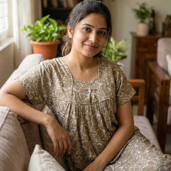 Traditional cotton nighty, Thali detailing on neck, 55 Inches Length - Olive green colour