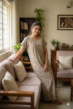 Traditional cotton nighty, Thali detailing on neck, 55 Inches Length - Olive green colour - Image 2