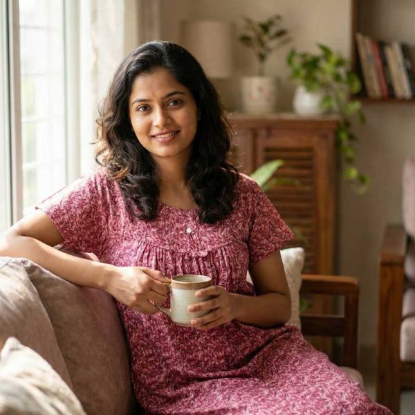 Traditional cotton nighty, Thali detailing on neck, 55 Inches Length - Light pink colour