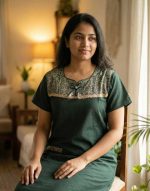 Comfortable Churidar Model Cotton Nighty, Ajrakh yoke - 55 Inches Long -Green Colour