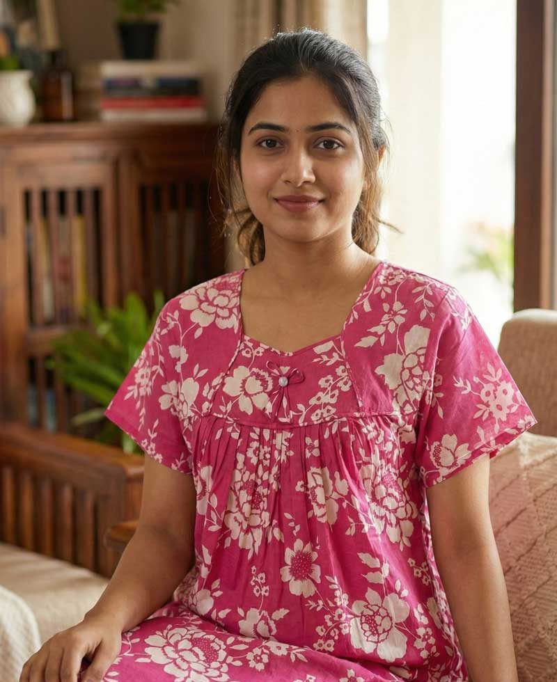 4 Traditional cotton nighty, Thali detailing on neck, 55 Inches Length - Pink colour - Image 1