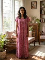 Traditional cotton nighty, Thali detailing on neck, 55 Inches Length - Light pink colour - Image 2