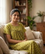 Traditional cotton nighty, Thali detailing on neck, 55 Inches Length - Light green colour