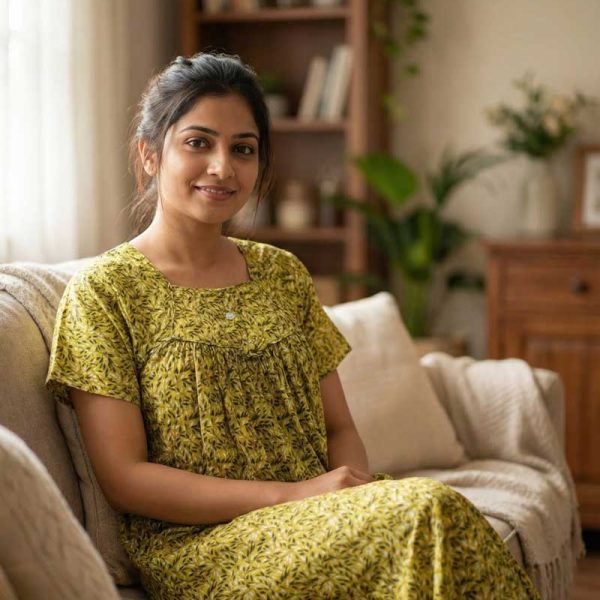 Traditional cotton nighty, Thali detailing on neck, 55 Inches Length - Light green colour