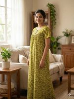 Traditional cotton nighty, Thali detailing on neck, 55 Inches Length - Light green colour - Image 2
