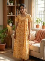 Front Open Cotton Nighty With Buttons, 55 Inches Long, Cream + Orange colour - Image 2
