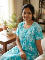 Traditional cotton nighty, Thali detailing on neck, 55 Inches Length - Blue colour