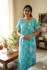 Traditional cotton nighty, Thali detailing on neck, 55 Inches Length - Blue colour - Image 2