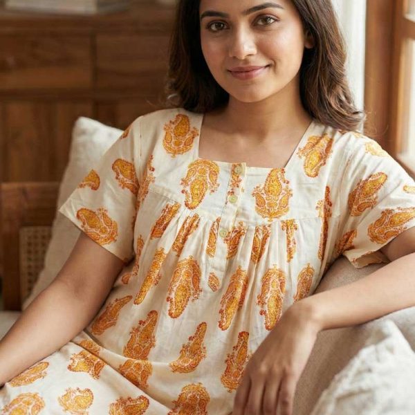 Front Open Cotton Nighty With Buttons, 55 Inches Long, Cream color with orange motif
