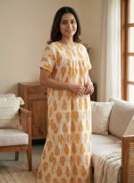 Front Open Cotton Nighty With Buttons, 55 Inches Long, Cream color with orange motif - Image 2