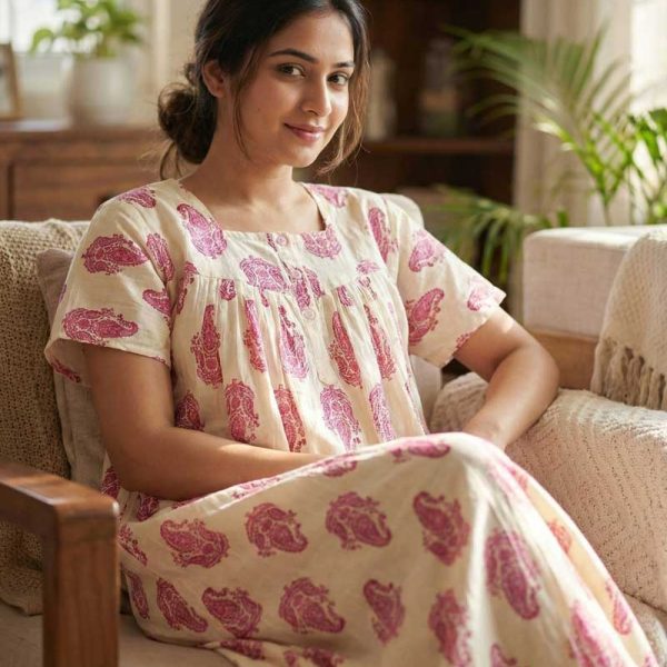 Front Open Cotton Nighty With Buttons, 55 Inches Long, Cream color with pink motif