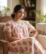 Front Open Cotton Nighty With Buttons, 55 Inches Long, Cream color with pink motif