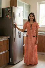 Comfortable Churidar Model Cotton Nighty with Collar- 55 Inches Long - Peach - Image 2