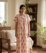 Front Open Cotton Nighty With Buttons, 55 Inches Long, Cream color with pink motif - Image 2